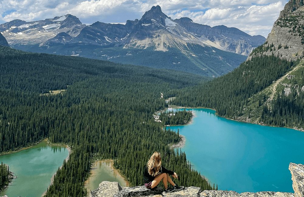 Female Travel Blogger at Lake OHara, British Columbia, Canada (Opabin Prospect)