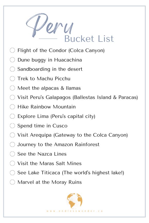 Peru bucket list free printable checklist