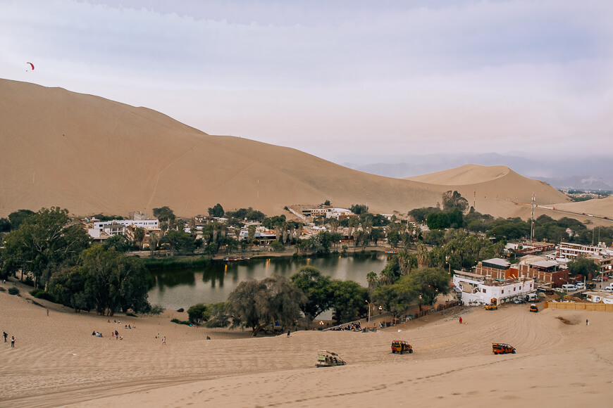 View of the oasis town, Huacachina, from the sand dunes in Peru